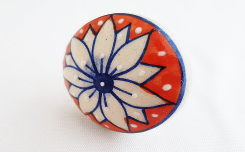 Ceramic big red blue embossed floral 5cm round door knob