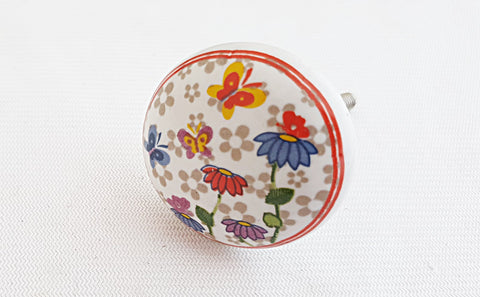 Ceramic funky kids print shabby chici butterflies 4cm round door knob c2a
