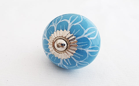 Ceramic aqua delicate floral design 4cm round door knob