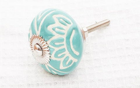 Ceramic aqua ocean blue unique design flower embossed 4cm round door knob BN b10