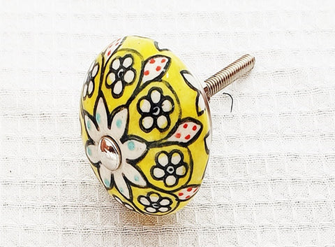 Ceramic Moroccan yellow delicate floral design 4cm round door knob BN c17a
