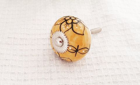 Ceramic mustard yellow black unique flower embossed 4cm round door knob BN b11