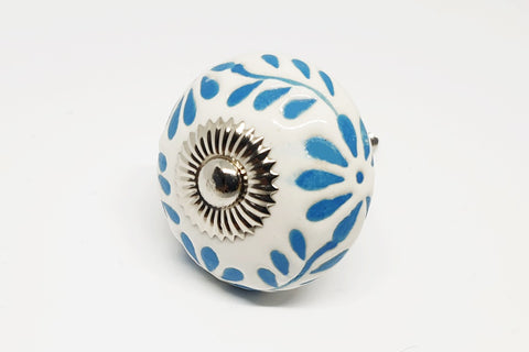 Ceramic white blue turquoise unique funky design flower embossed 4cm round door knob BN S5