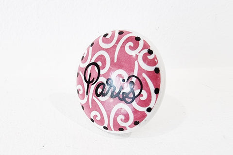 Ceramic shabby chic delicate pink print PARIS 4 cm round door knob