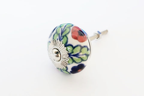 Ceramic unique colorful green blue red floral design 4cm round door knob D16b