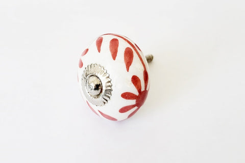 Ceramic vibrant red white floral design 4cm round door knob F1a