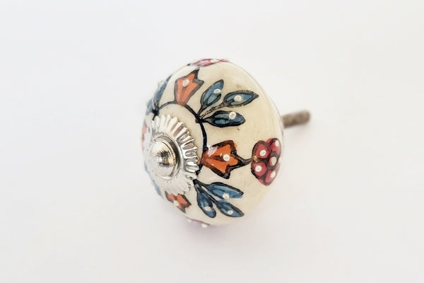 Ceramic embossed colorful orange red blue floral design 4cm round door knob G4