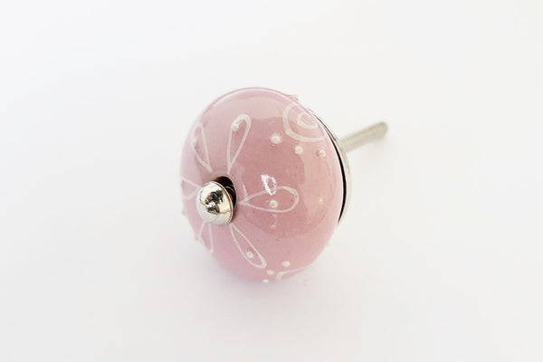 Ceramic shabby chic embossed pink floral design 4cm round door knob EF3