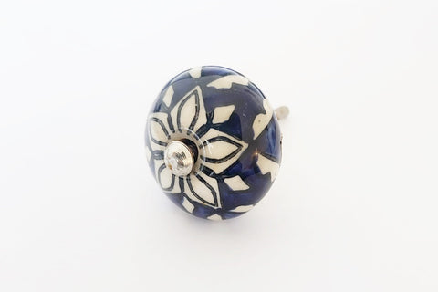 Ceramic royal blue white dramtic floral 4cm round door knob G5