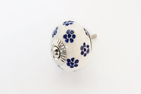 Ceramic royal blue white floral design 4cm round door knob pulls G13