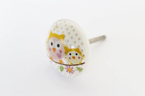 Ceramic colorful owls floral kids print 4cm round door knob FF4
