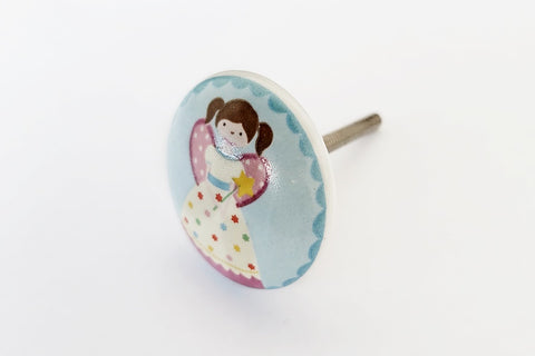 Ceramic pink aqua fairy kids print 4cm round door knob FF4