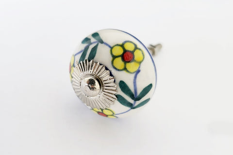 Ceramic green white yellow floral design 4cm round door knob d14e
