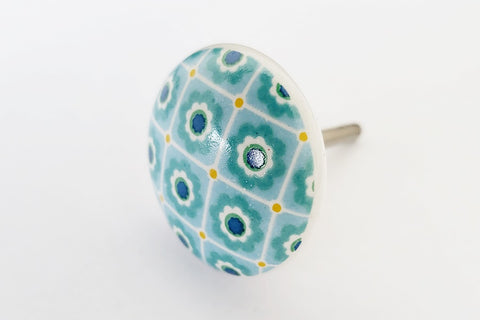 Ceramic delicate teal aqua floral unique print 4cm round door knob GF4