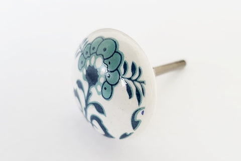 Ceramic delicate teal aqua floral unique print 4cm round door knob FF2
