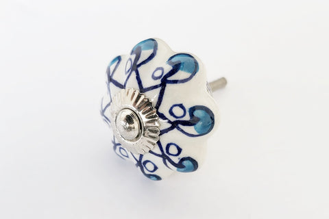Ceramic blue aqua white floral design 45mm pumpkin door knob D13a