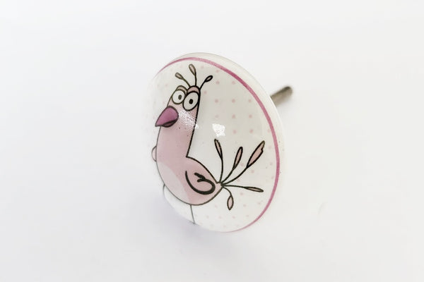 Ceramic pink white comic bird kids print 4cm round door knob GF2