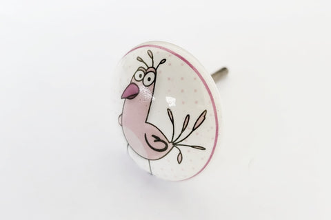 Ceramic pink white comic bird kids print 4cm round door knob GF2