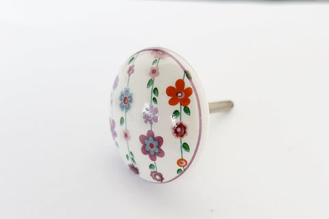 Ceramic colorful purple white floral print 4cm round door knob FF1