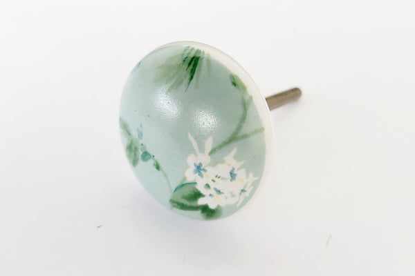 Ceramic delicate japanese style green floral print 4cm round door knob FF1
