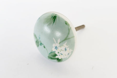 Ceramic delicate japanese style green floral print 4cm round door knob FF1