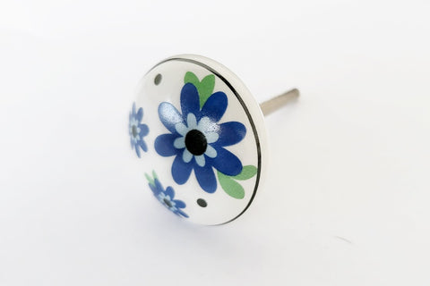 Ceramic unique blue green white floral print 4cm round door knob FF4
