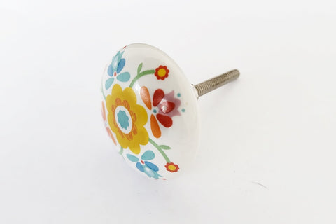 Ceramic colorful red yellow white floral print 4cm round door knob FF3