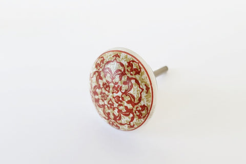 Ceramic red olive white intricate design printed round 4cm door knob e2e