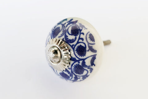 Ceramic navy blue floral printed style 4cm round door knob
