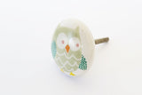 Ceramic green owl kids print 4cm round door knob E3
