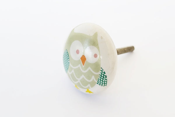 Ceramic green owl kids print 4cm round door knob E3