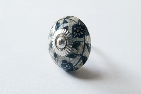 Ceramic grey black embossed leafy design beautiful 4cm round door knobs d3b