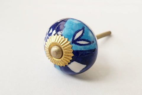 Ceramic aqua blue floral design 4cm round door knob d1e