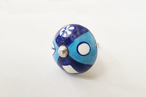 Ceramic aqua blue floral design 4cm round door knob F7a