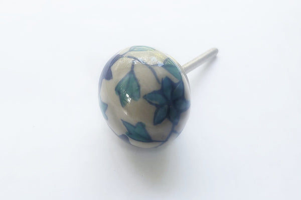 Ceramic blue aqua teal delicate floral design 4cm round door knob pulls handles BN c22