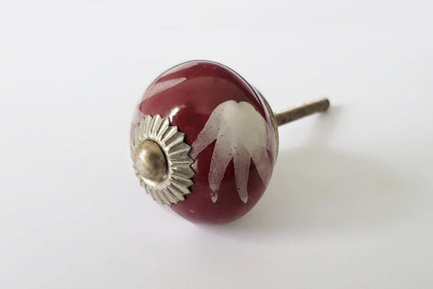 Ceramic burgundy maroon white delicate leafy design 4cm round door knob e18c
