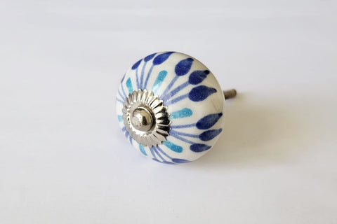 Ceramic blue aqua white 4cm shabby chic round 4cm door knob d20b