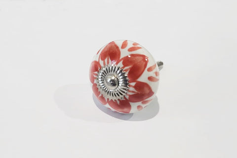 Ceramic vibrant red floral design 4cm round door knob d8c