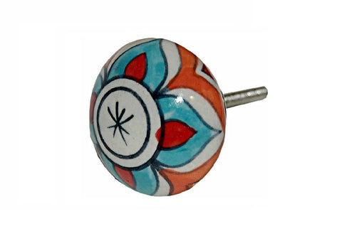 Ceramic orange aqua funky floral design round 4cm door knobs handles pulls C7c