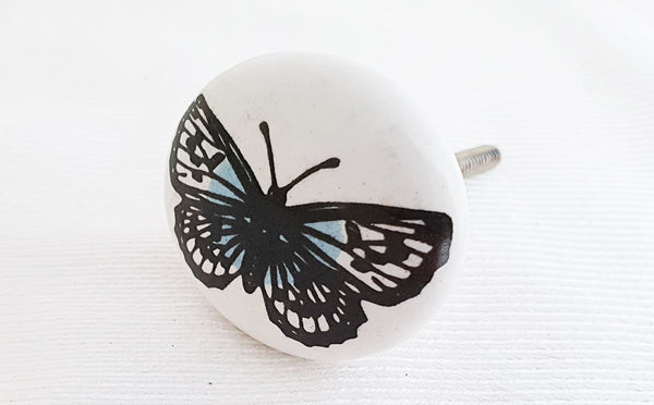 Ceramic hand printed shabby chic butterfly 4cm round door knob