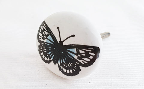 Ceramic hand printed shabby chic butterfly 4cm round door knob E4