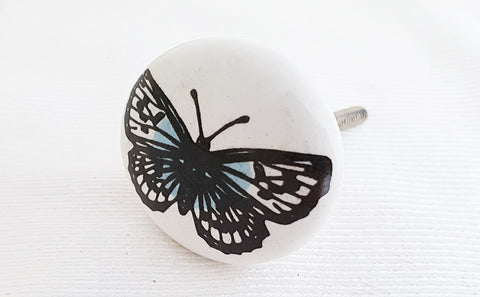 Ceramic hand printed shabby chic butterfly 4cm round door knob d7b