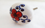 Ceramic blue red white floral design 4.5cm round door knob E12