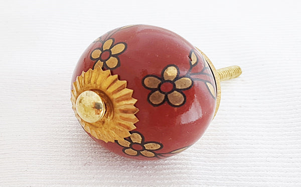 Ceramic elegant maroon brown gold floral 4cm round door knob F12