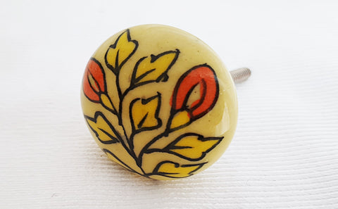 Ceramic orange yellow leafy design round 4cm door knob D10b