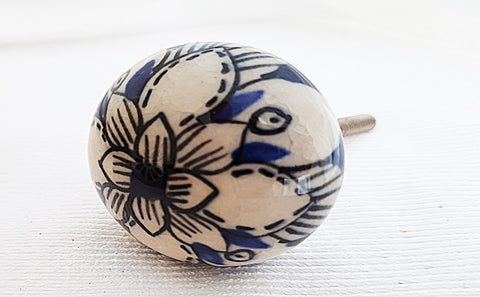 Ceramic 4cm black blue floral 4cm round door knob
