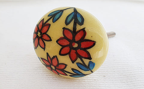 Ceramic red yellow floral 4.5cm round door knob
