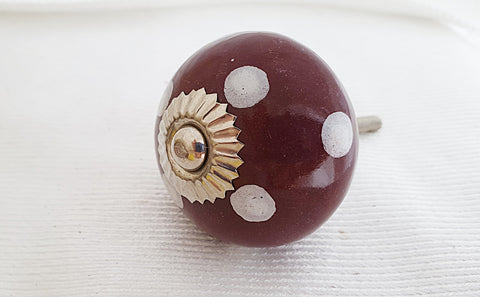 Ceramic maroon white dots funky 4cm round door knob d8b