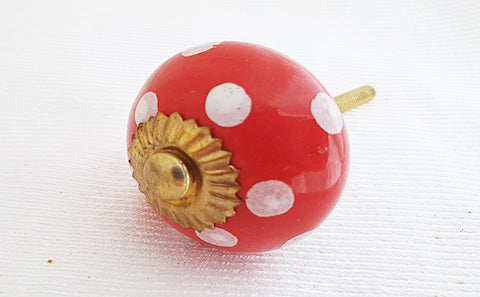 Ceramic vibrant red white dots funky round 4cm door knob e1d
