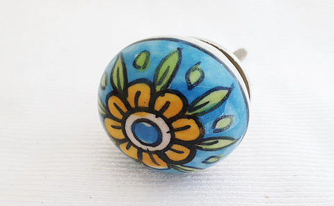 Ceramic small blue yellow flower 3.5cm round door knob SB